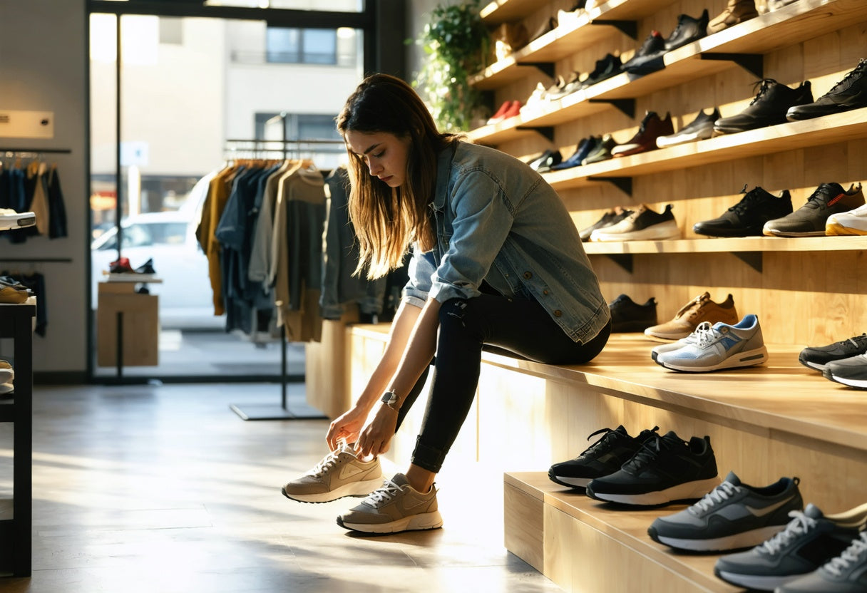 Find how to choose comfortable shoes as you try on stylish sneakers in a modern shoe store.