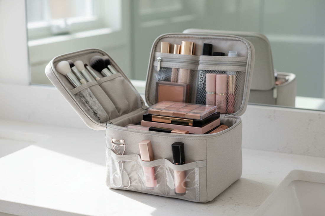 Multipurpose makeup bag with organized compartments for eco-friendly, on-the-go beauty and fitness essentials