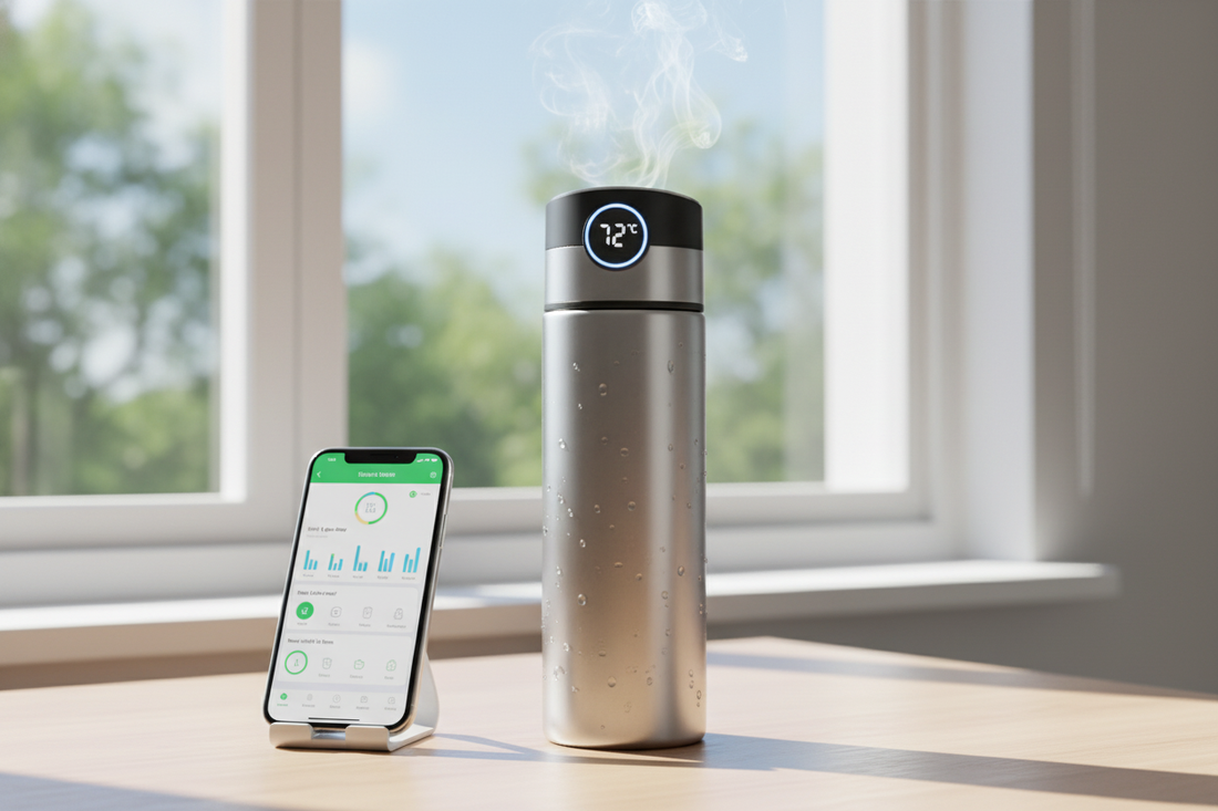 Smart temperature bottle with digital display and app for fitness tracking on a sunny windowsill