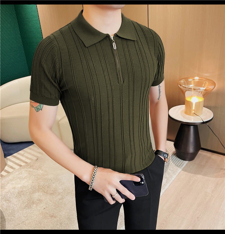 Men’s Retro Jacquard Zipper Shirt – Short Sleeve Lapel Casual Summer Top for Men