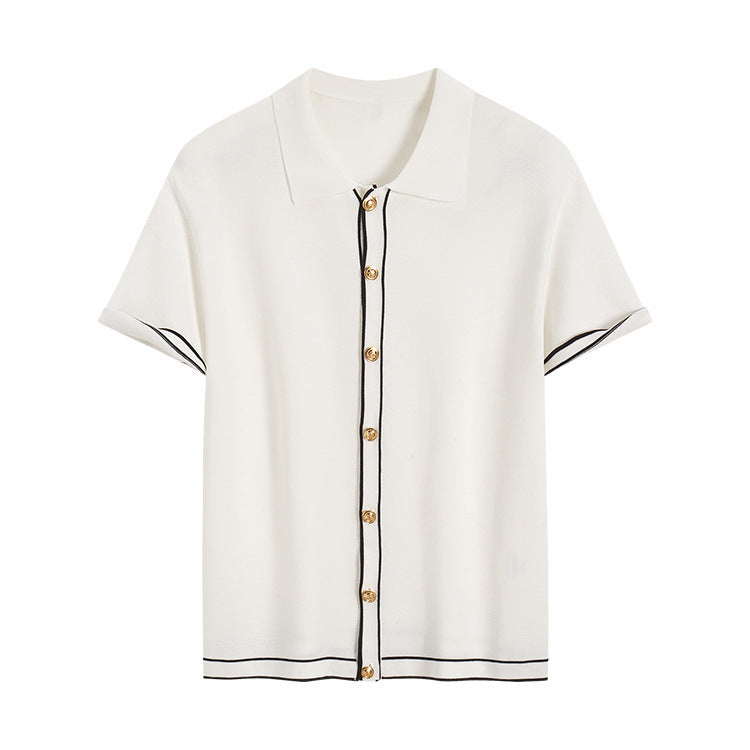 Women’s Short Sleeve Contrast Lapel Cardigan – Old Money Style Lightweight All-Match Top