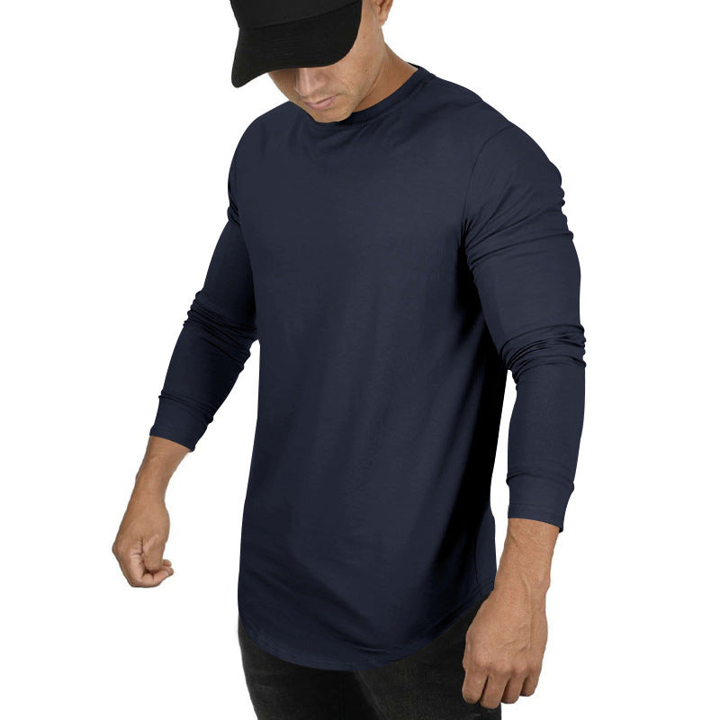 Men’s Long-Sleeved Casual Round Neck Cotton Blend T-Shirt – Solid Colors