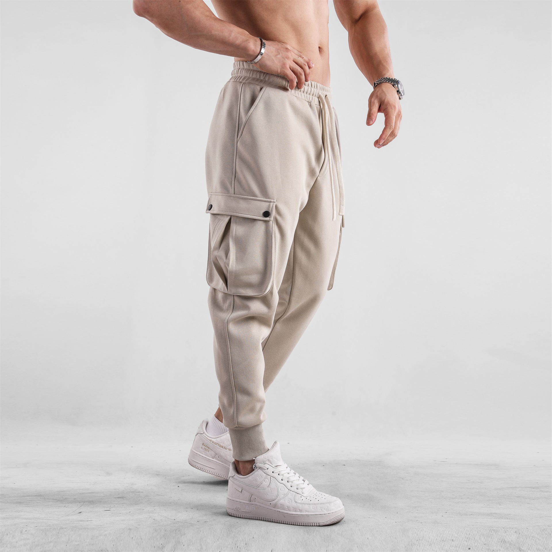 Men’s Cargo Jogger Pants with Ankle Tie – Multi-Pocket Cotton Sports Trousers for Leisure & Streetwear