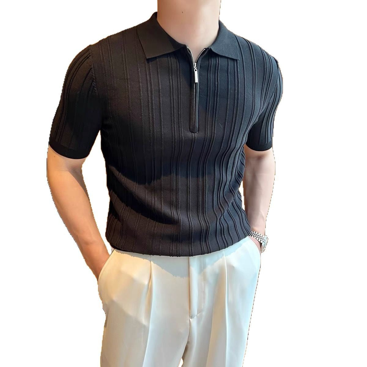 Men’s Retro Jacquard Zipper Shirt – Short Sleeve Lapel Casual Summer Top for Men