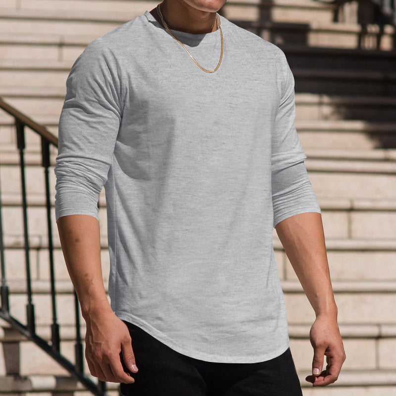 Men’s Long-Sleeved Casual Round Neck Cotton Blend T-Shirt – Solid Colors