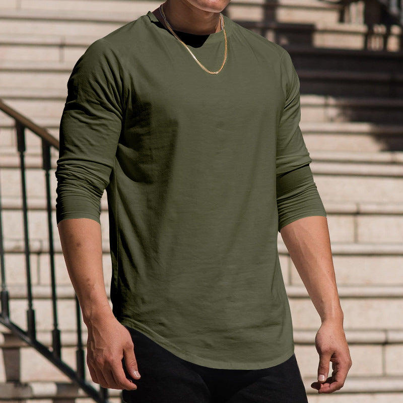 Men’s Long-Sleeved Casual Round Neck Cotton Blend T-Shirt – Solid Colors