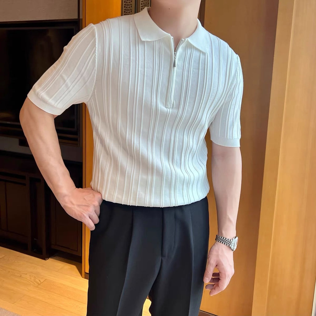 Men’s Retro Jacquard Zipper Shirt – Short Sleeve Lapel Casual Summer Top for Men