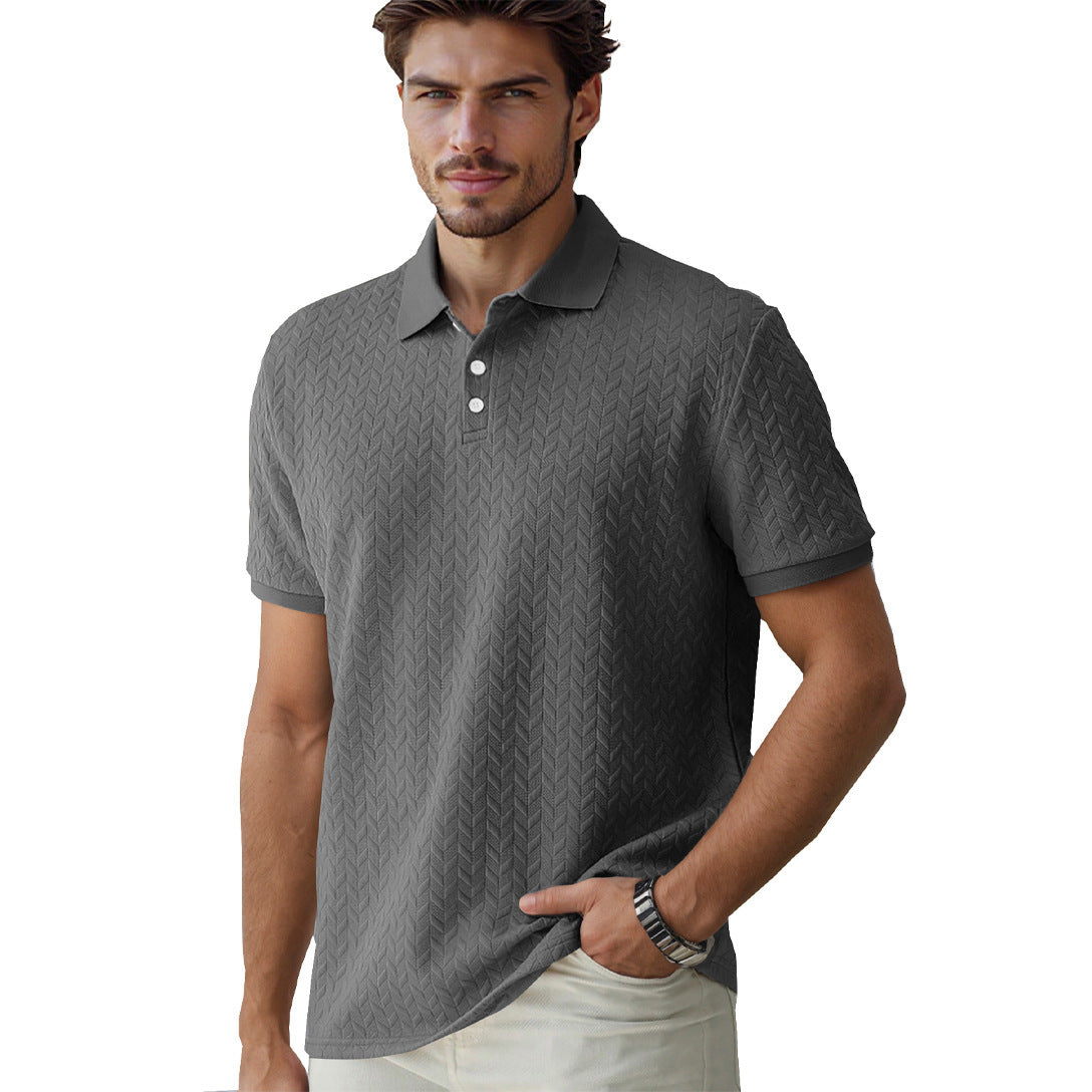 Men’s Casual Jacquard Polo Shirt – Solid Color Short Sleeve Summer Top