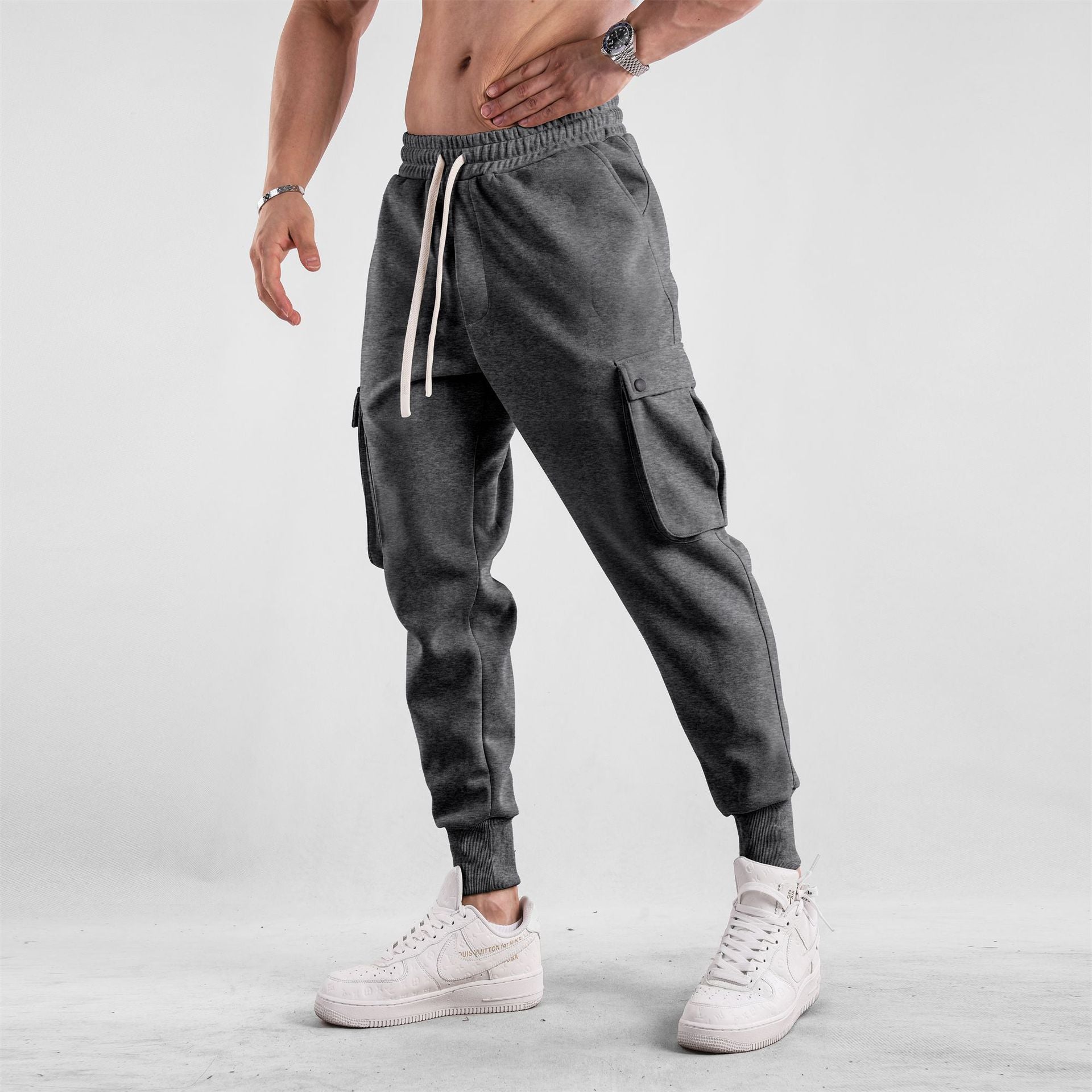 Men’s Cargo Jogger Pants with Ankle Tie – Multi-Pocket Cotton Sports Trousers for Leisure & Streetwear