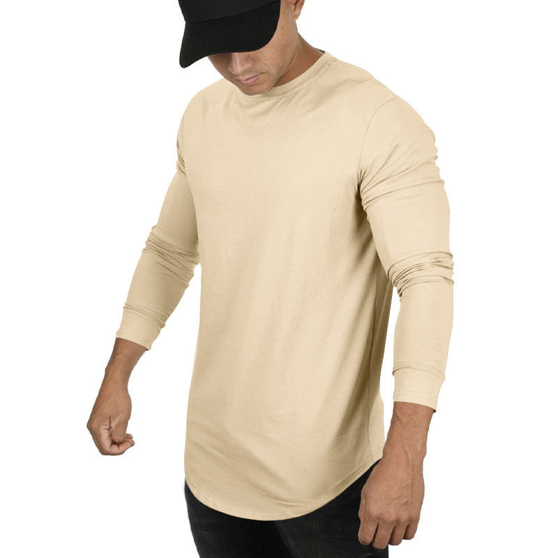 Men’s Long-Sleeved Casual Round Neck Cotton Blend T-Shirt – Solid Colors