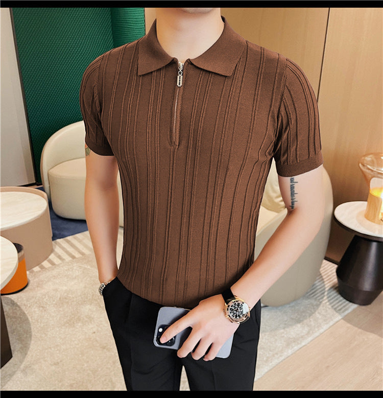 Men’s Retro Jacquard Zipper Shirt – Short Sleeve Lapel Casual Summer Top for Men
