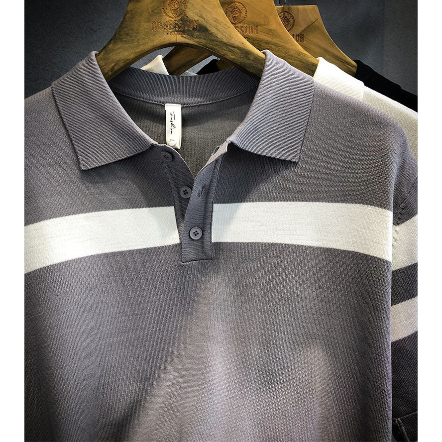 Men’s Color-Block Polo Shirt – Lightweight Short-Sleeve Casual Sweater, Loose Fit