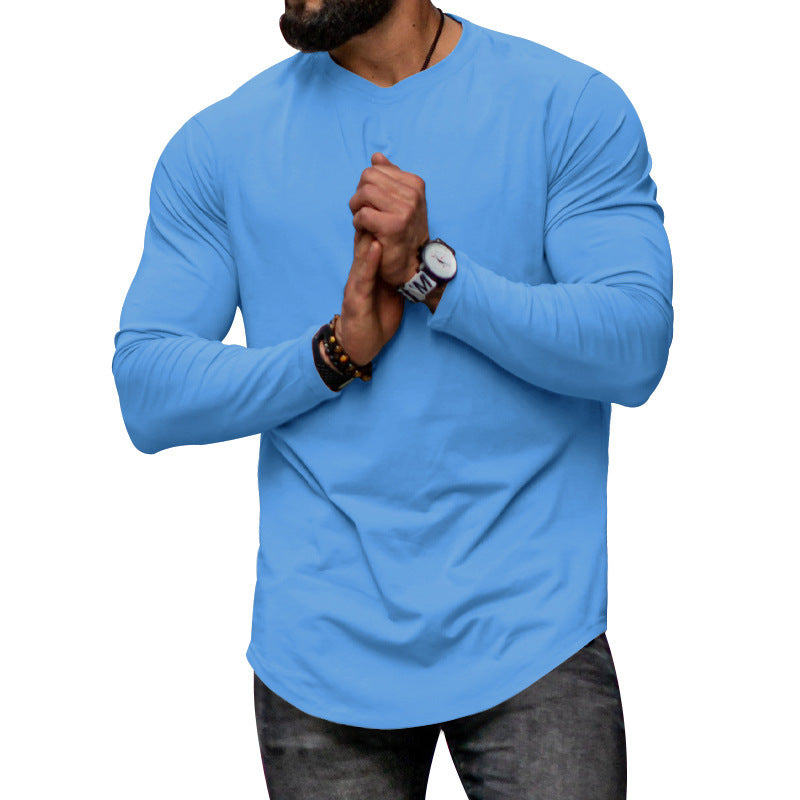 Men’s Long-Sleeved Casual Round Neck Cotton Blend T-Shirt – Solid Colors