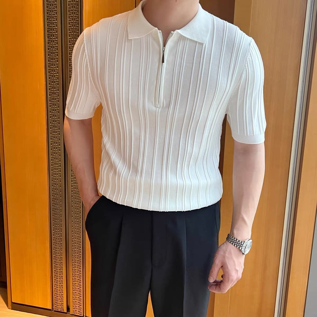 Men’s Retro Jacquard Zipper Shirt – Short Sleeve Lapel Casual Summer Top for Men