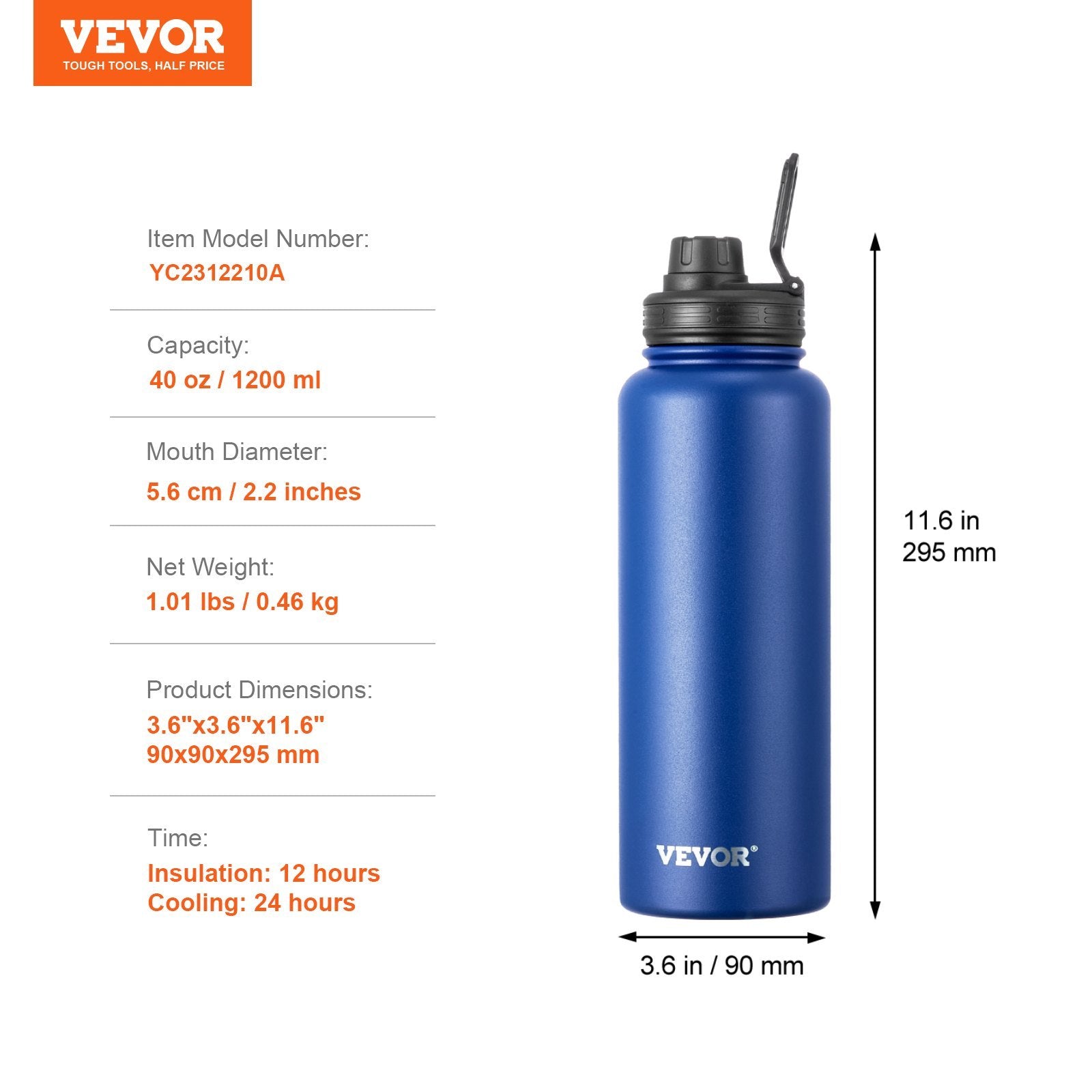 40 oz Insulated Stainless Steel Water Bottle – Wide Mouth, Leakproof, Double Wall Vacuum, BPA-Free – Blue