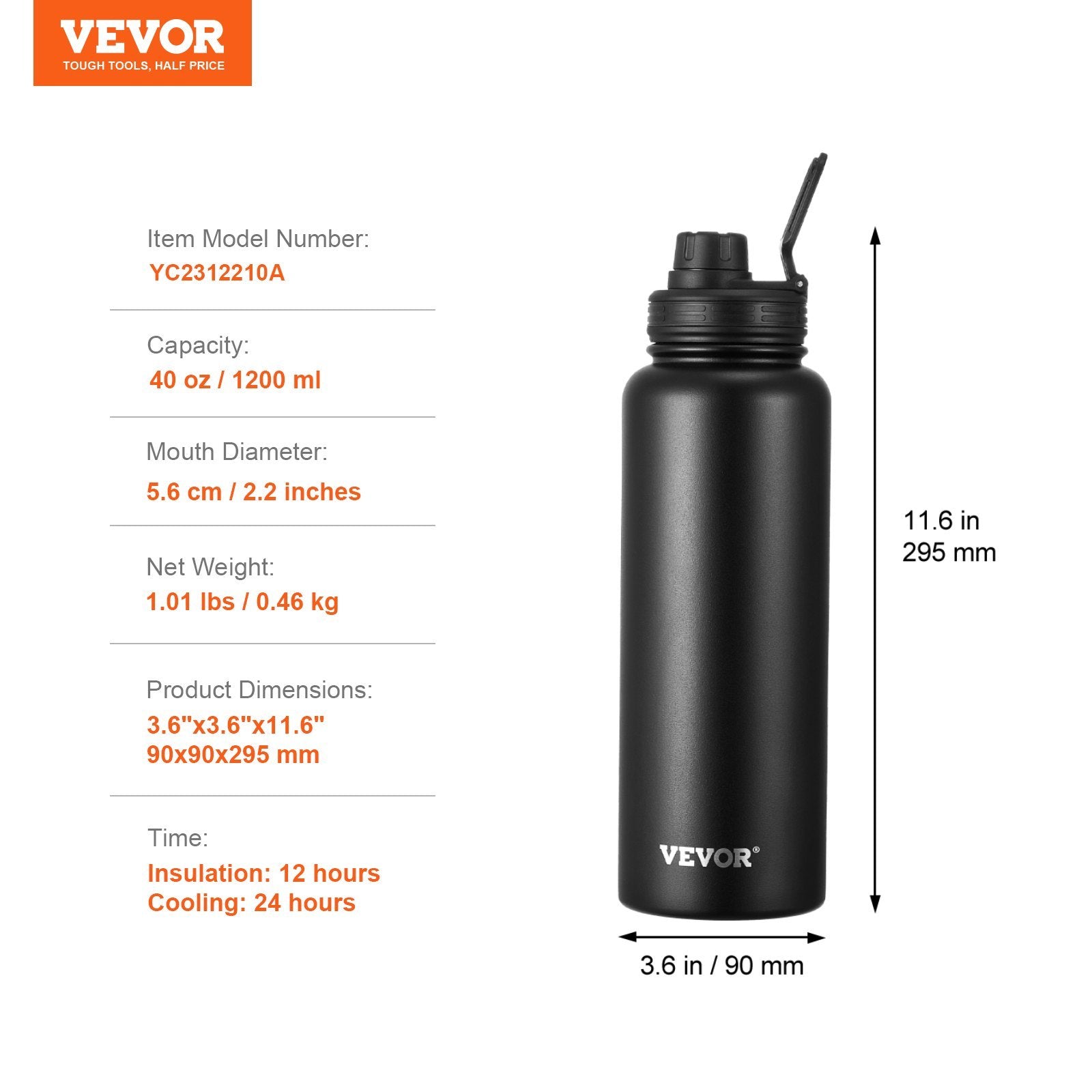 40 oz Insulated Stainless Steel Water Bottle – Wide Mouth, Leakproof, Reusable (Black)