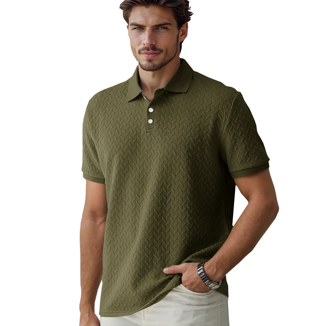 Men’s Casual Jacquard Polo Shirt – Solid Color Short Sleeve Summer Top