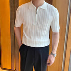 Men’s Retro Jacquard Zipper Shirt – Short Sleeve Lapel Casual Summer Top for Men